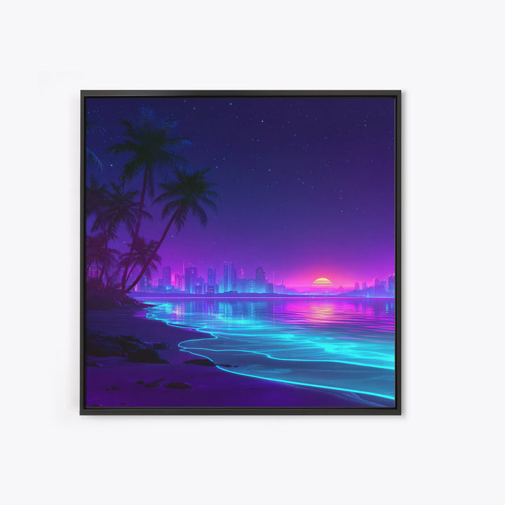 Neon City Beach Sunset Wall Art, Retro Futuristic Coastal Landscape Canvas Print, Modern Coastal Home Decor