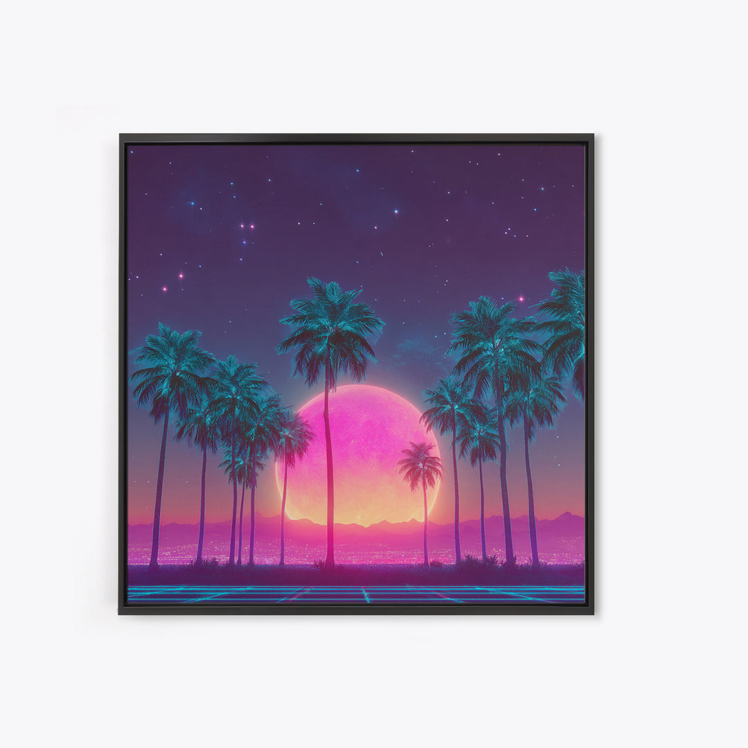 Vibrant Neon Cityscape With Palm Trees And Pink Moon Night Sky Futuristic Wall Art Framed Canvas Print For Living Room