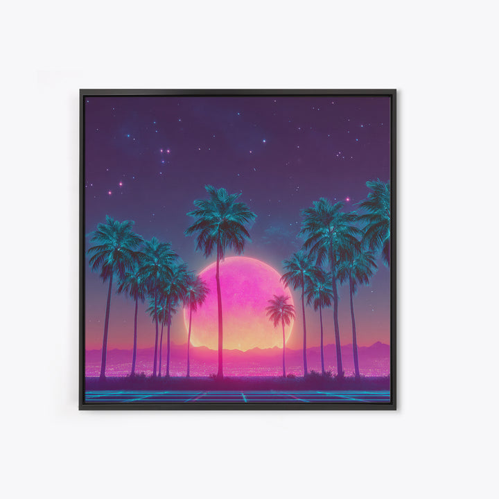 Vibrant Neon Cityscape With Palm Trees And Pink Moon Night Sky Futuristic Wall Art Framed Canvas Print For Living Room