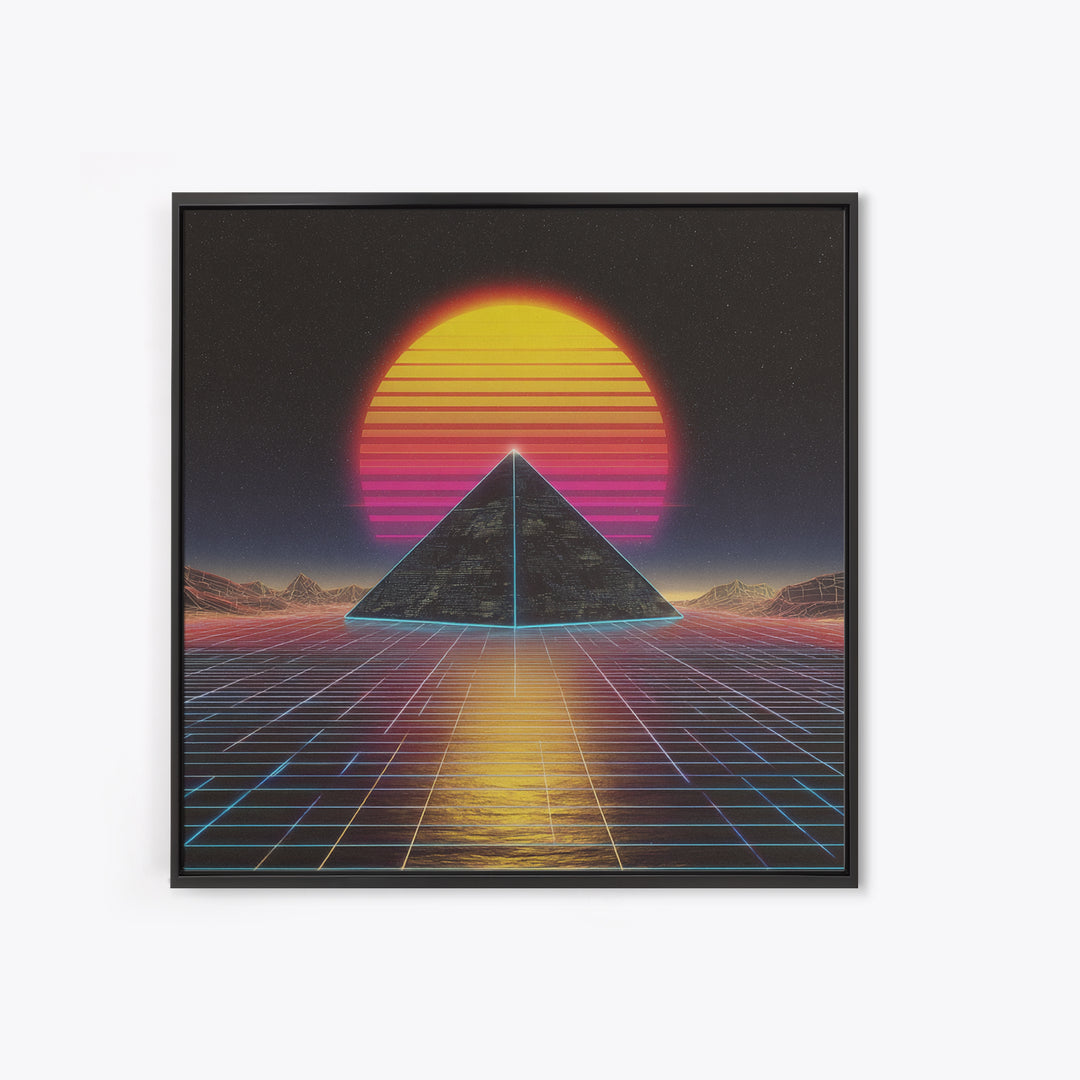 Retro Synthwave Pyramid Sunset Wall Art, Neon Grid Landscape Canvas Print, 80s Aesthetic Home Decor, Sci Fi Poster