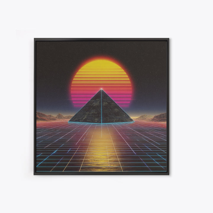 Retro Synthwave Pyramid Sunset Wall Art, Neon Grid Landscape Canvas Print, 80s Aesthetic Home Decor, Sci Fi Poster
