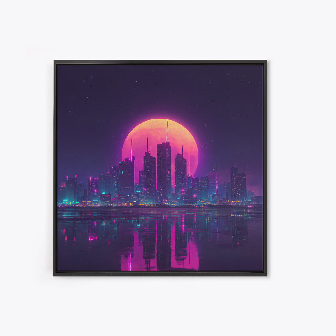 Neon Moon Over Futuristic City Skyline Wall Art, Cyberpunk Night Cityscape Print, Modern Gaming Room Canvas Print