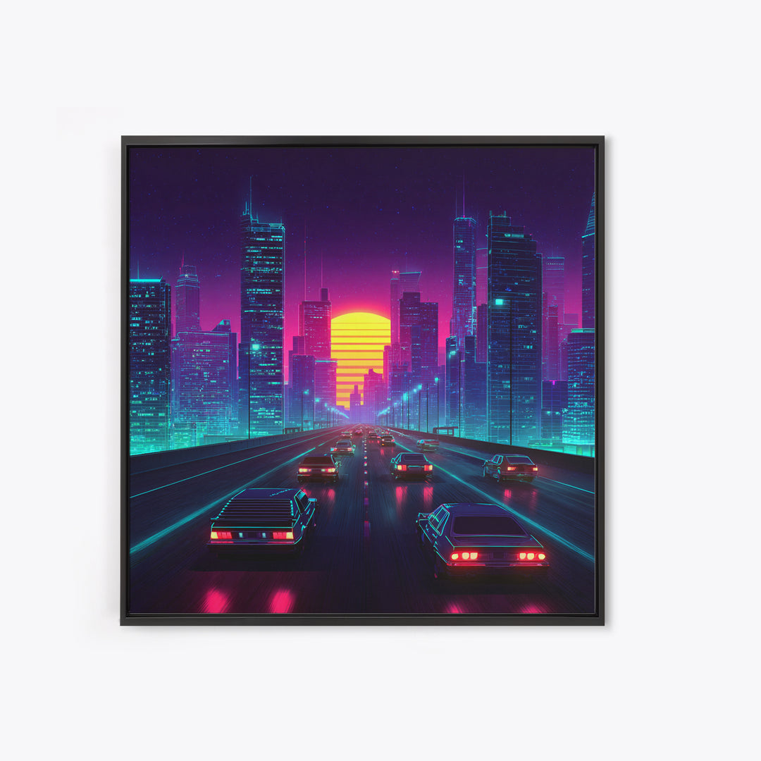 Neon Retro Highway Cityscape Wall Art, Futuristic Synthwave Sunset Canvas Print, Cyberpunk City Modern Home Decor