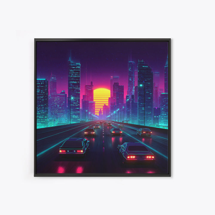 Neon Retro Highway Cityscape Wall Art, Futuristic Synthwave Sunset Canvas Print, Cyberpunk City Modern Home Decor