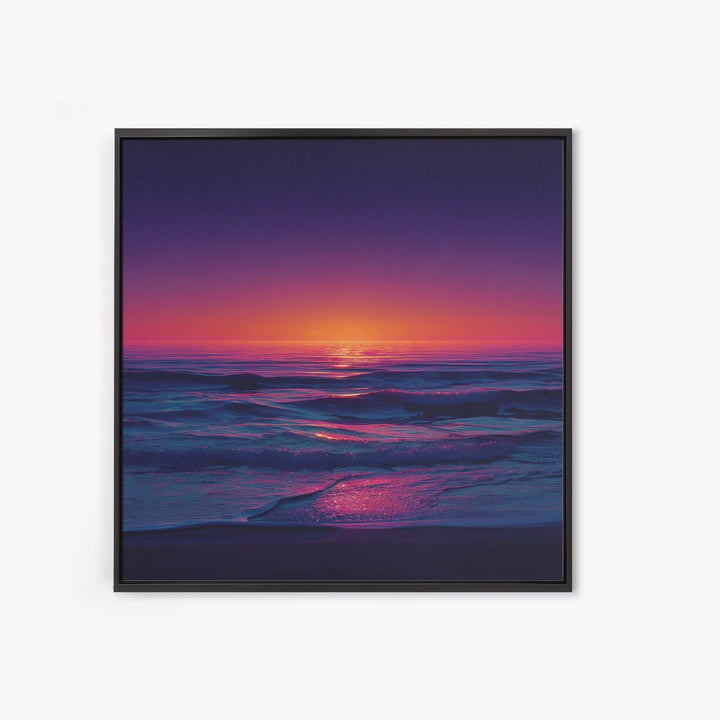 Neon Sunset Over Ocean Waves Wall Art, Colorful Coastal Landscape Print, Modern Beach House Decor Canvas Print