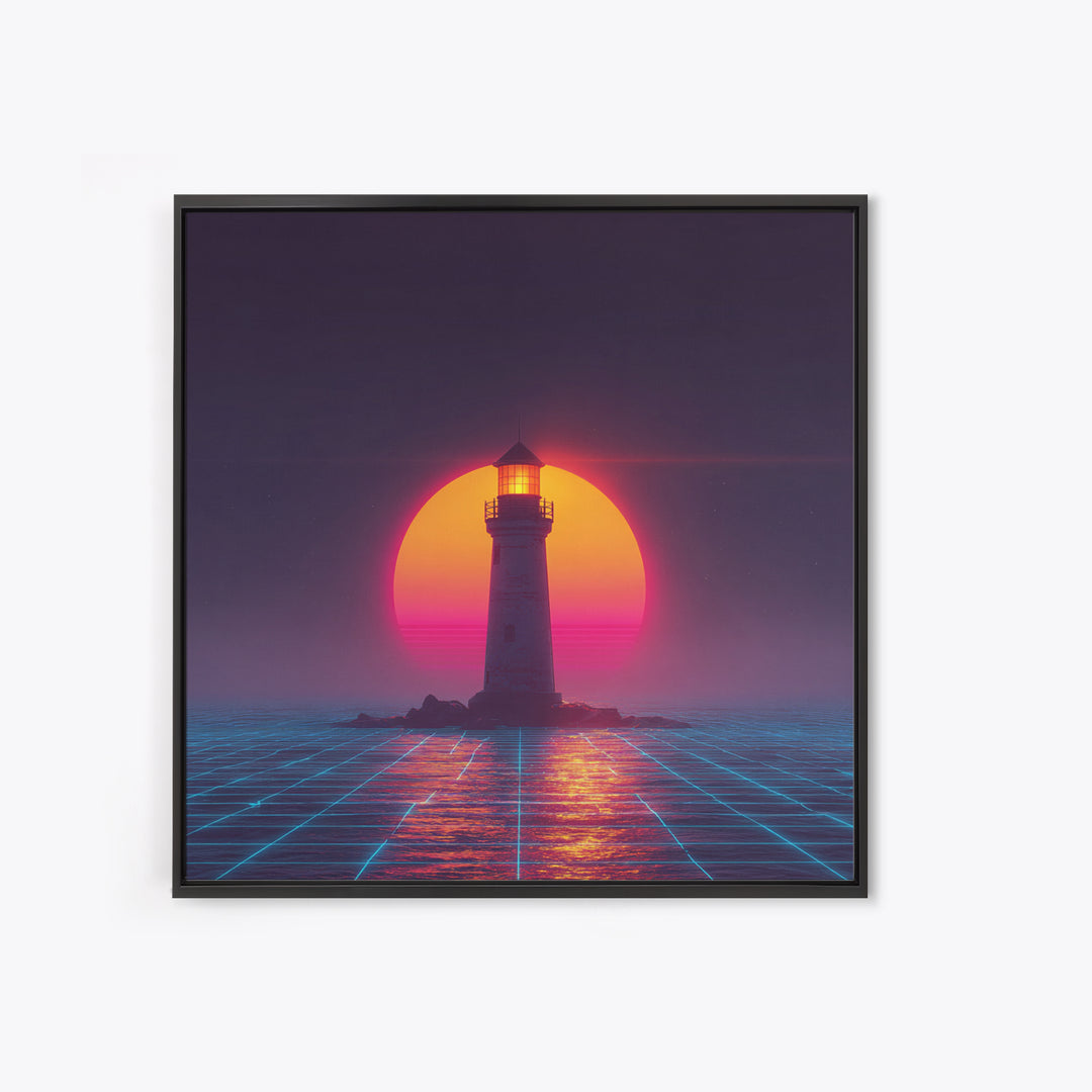 Retro Futuristic Lighthouse Neon Sunset Canvas Print, Synthwave Coastal Wall Art, Vaporwave Ocean Scene For Gaming Room Decor