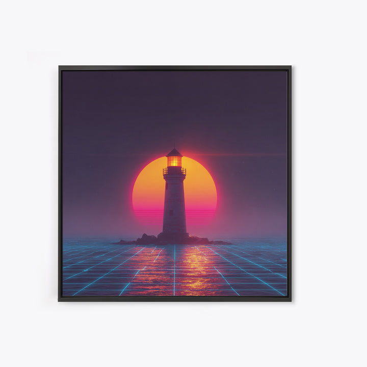 Retro Futuristic Lighthouse Neon Sunset Canvas Print, Synthwave Coastal Wall Art, Vaporwave Ocean Scene For Gaming Room Decor