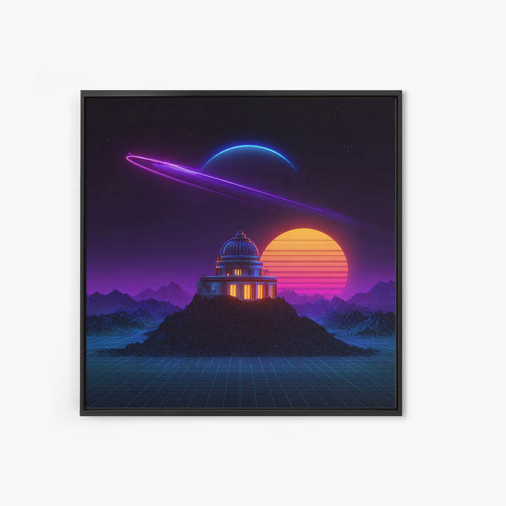 Retro Futuristic Observatory Space Landscape Wall Art, Neon Planet Sci Fi Canvas Print, Vaporwave Decor For Gaming Room