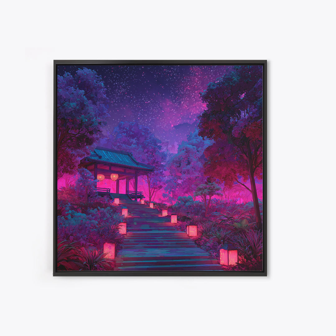 Neon Garden Lantern Path Under Starry Sky Wall Art, Dreamy Japanese Landscape Canvas Print, Aesthetic Room Decor