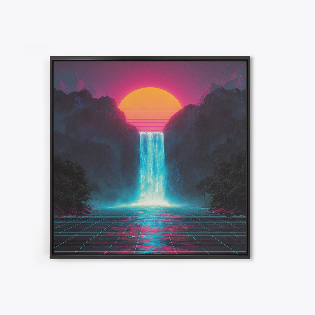 Neon Waterfall Sunset Sci Fi Landscape Wall Art Retro Futuristic Mountain Canvas Print For Gaming Room Modern Home Decor