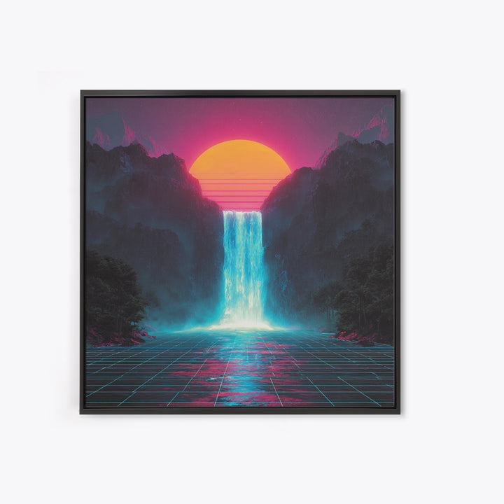 Neon Waterfall Sunset Sci Fi Landscape Wall Art Retro Futuristic Mountain Canvas Print For Gaming Room Modern Home Decor