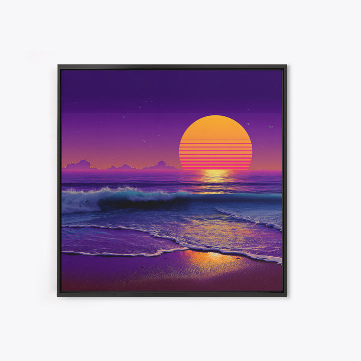 Neon Waves At Dusk Ocean Wall Art, Retro Sunset Beach Print, Vibrant Coastal Home Decor, Synthwave Seascape Living Room Wall Art