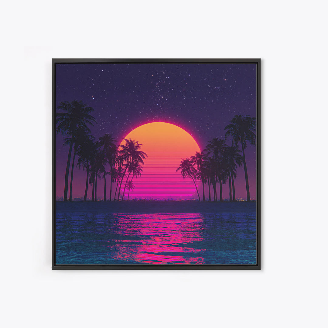 Neon Sunset Palm Tree Beach Canvas Print, Retro Wave Ocean Wall Art, Vibrant Coastal Home Decor, 80s Synthwave Bedroom Art