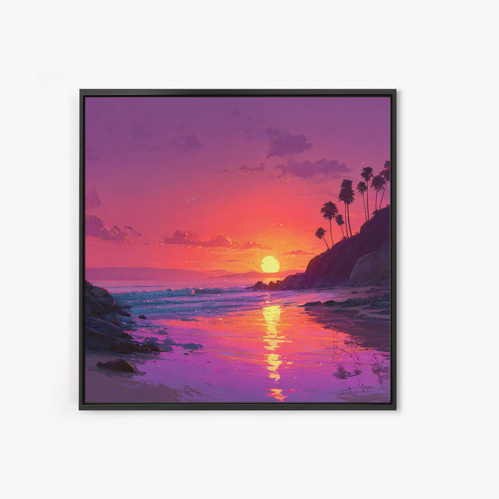 Tropical Sunset Beach Wall Art, Pink Orange Ocean Painting, Coastal Landscape Print, Modern Coastal Decor Framed Canvas Print