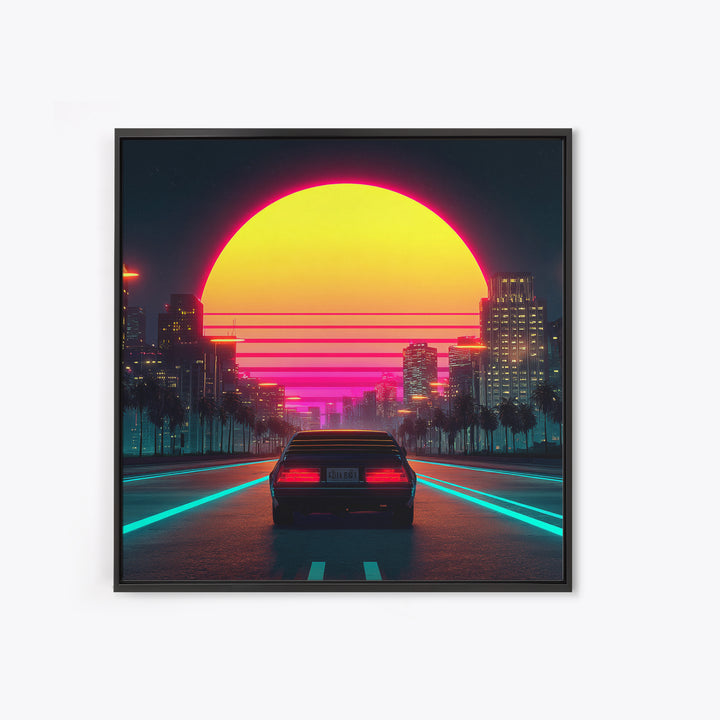 Retro Neon Car Driving Into Sunset Cityscape Wall Art Modern Abstract Framed Canvas Print Home Decor