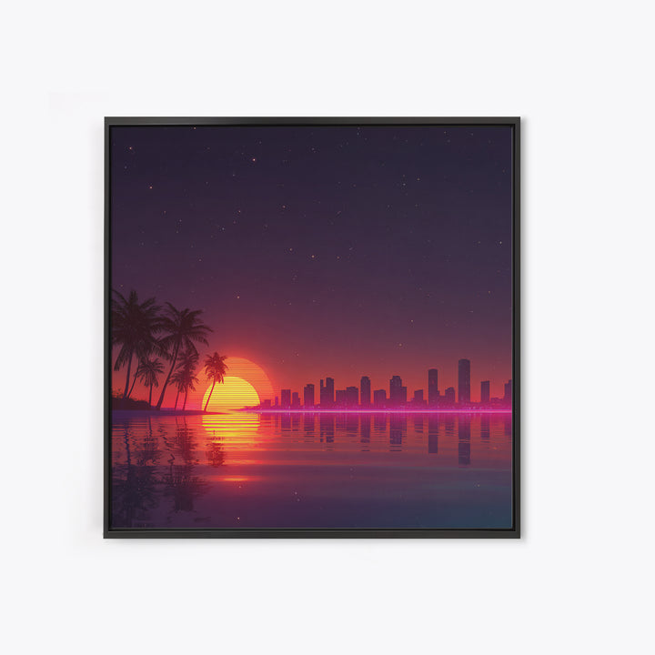 Neon City Skyline Sunset Over Water Retro Coastal Wall Art, Vibrant Nightscape Canvas Print For Modern Home Decor