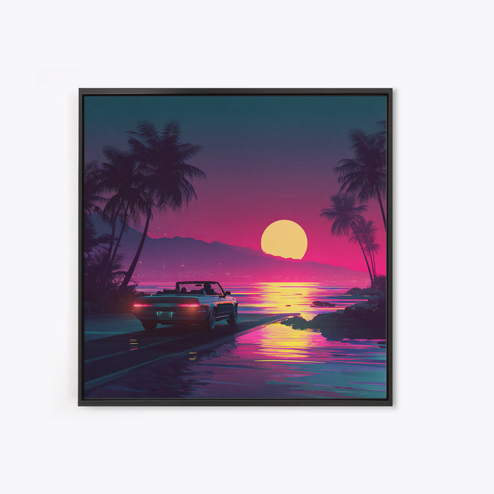 Retro Convertible Driving Into Neon Sunset Wall Art, 80s Aesthetic Beach Road Canvas Print, Vaporwave Room Decor