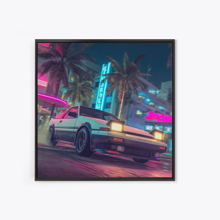 Retro Night City Car Wall Art, Neon Cyberpunk Street Canvas Print, Futuristic Cityscape Art, Gaming Room Decor Poster