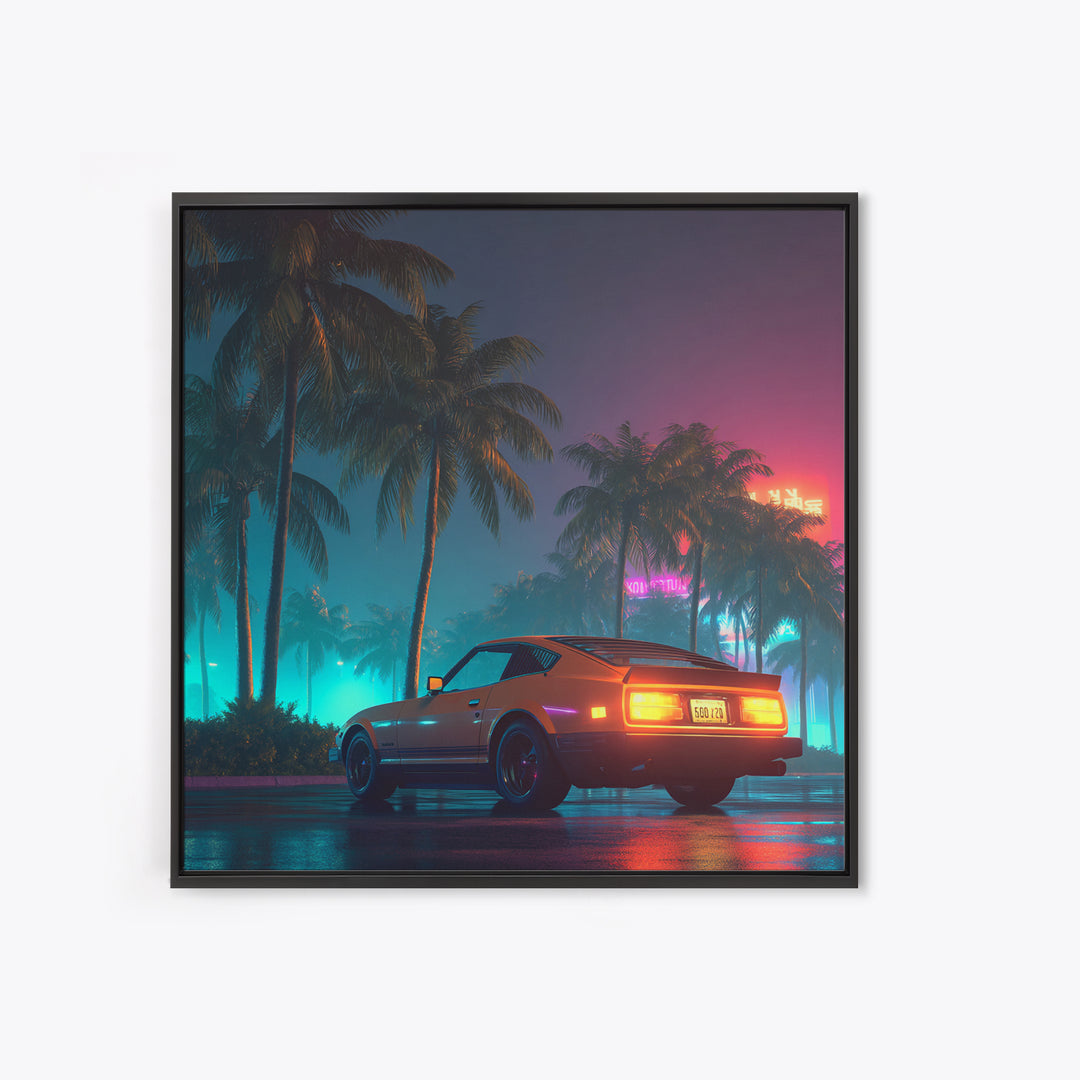 Retro Night Drive Wall Art, Neon Palm Street With Classic Car Canvas Print, Vaporwave Aesthetic Decor