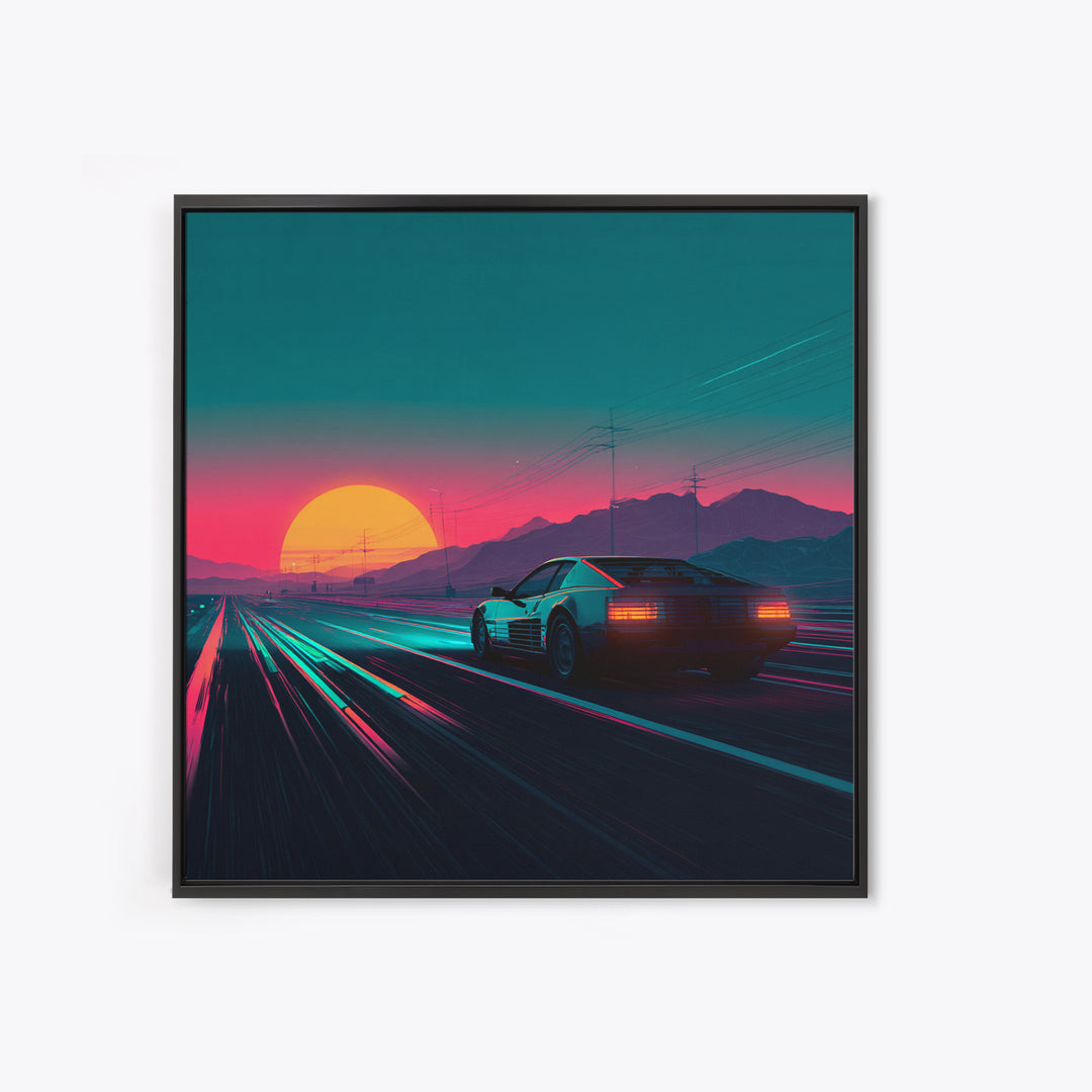 Retro Sports Car At Neon Sunset Highway Canvas Print, Vaporwave Wall Art, Cyberpunk Room Decor, Futuristic Landscape Poster