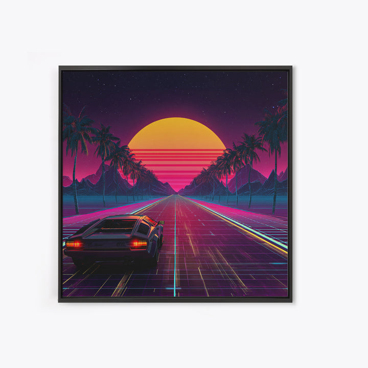 Retro Synthwave Car Driving Into Neon Sunset Wall Art, 80s Vaporwave Palm Road Aesthetic Canvas Print