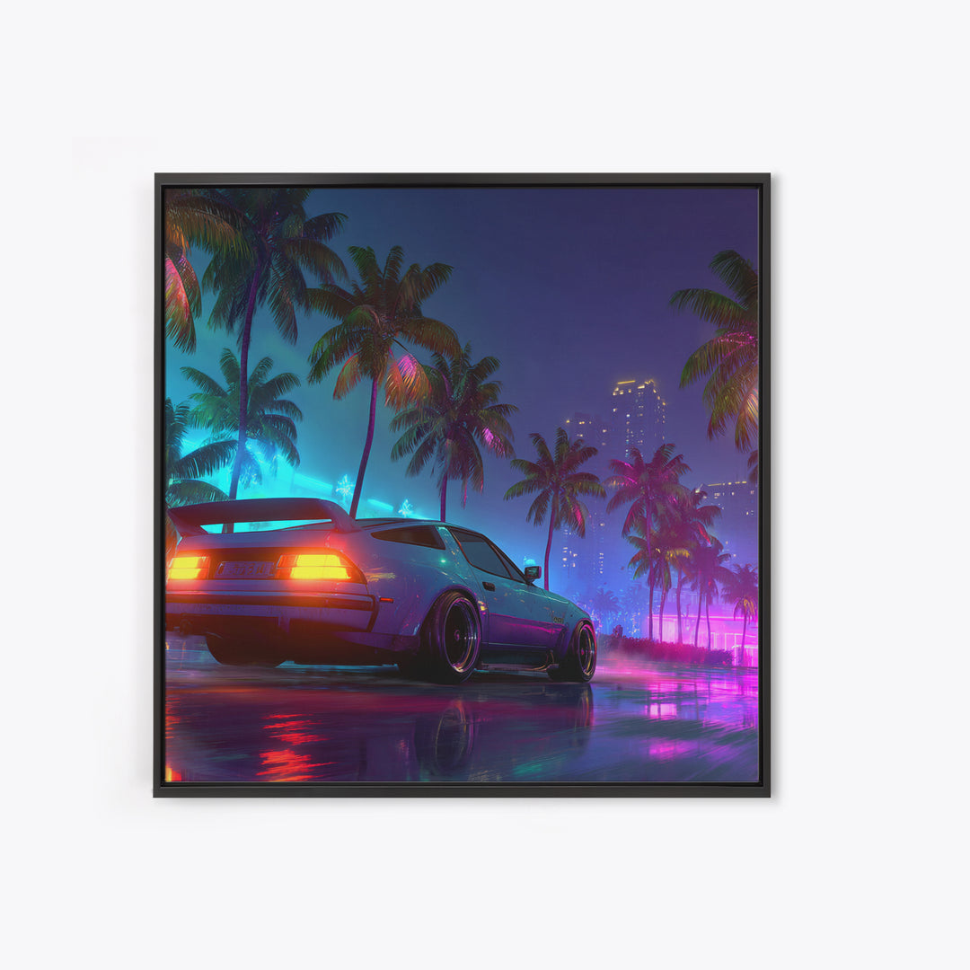 Neon Sports Car Palm Tree Night Wall Art, Retro Coastal City Canvas Print, Cyberpunk Beach Aesthetic Room Decor