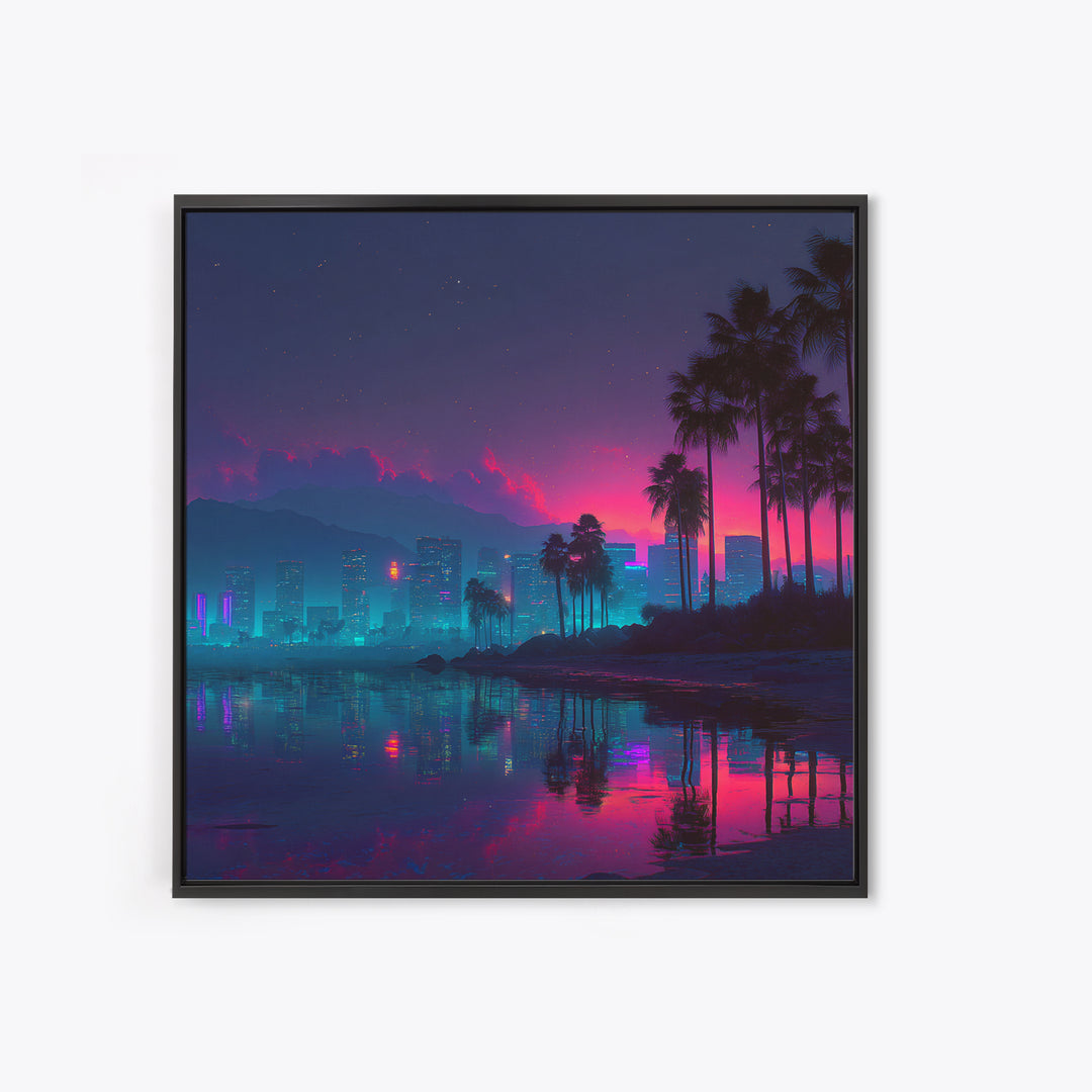 Neon City Beach Sunset Canvas Print, Retro Futuristic Coastal Wall Art, Vaporwave Room Decor Modern Living Room Wall Art