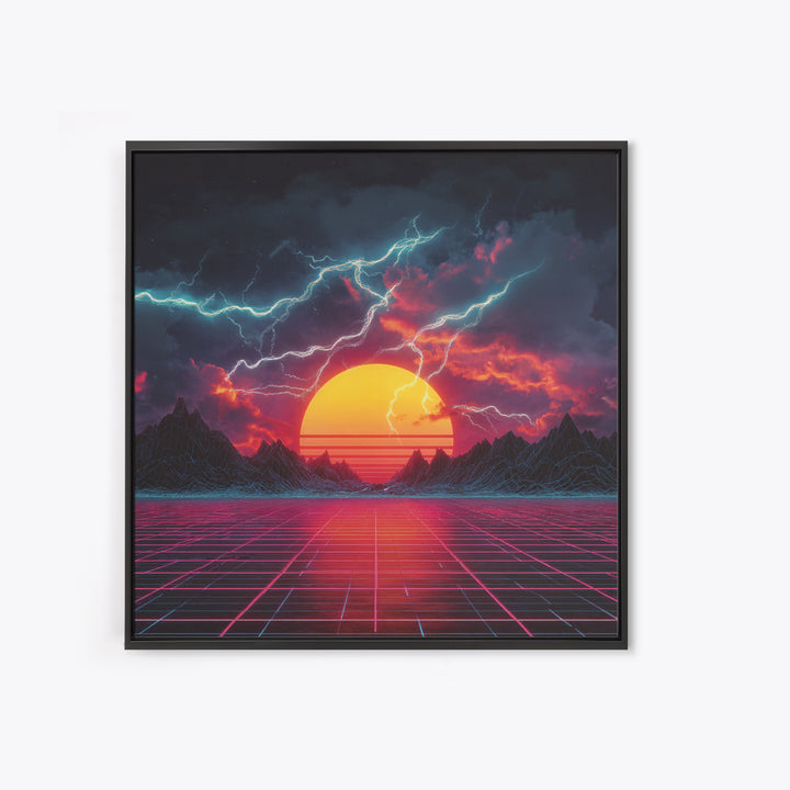 Retro Futuristic Sunset Lightning Landscape Wall Art Neon Grid Sci Fi Canvas Print Gaming Room Decor