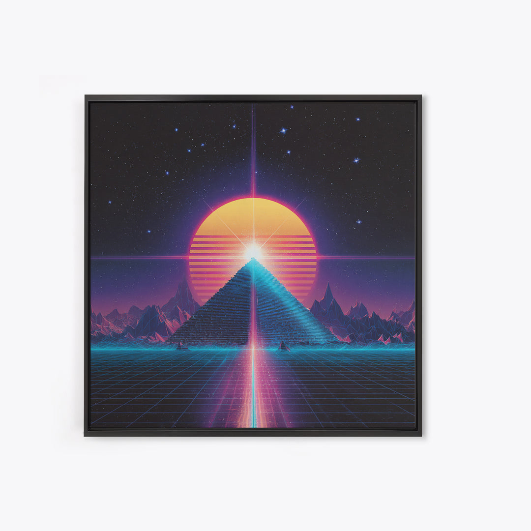 Retro Synthwave Pyramid And Sun Wall Art, Neon 80s Sci Fi Landscape, Vaporwave Gaming Room Decor, Framed Canvas Print