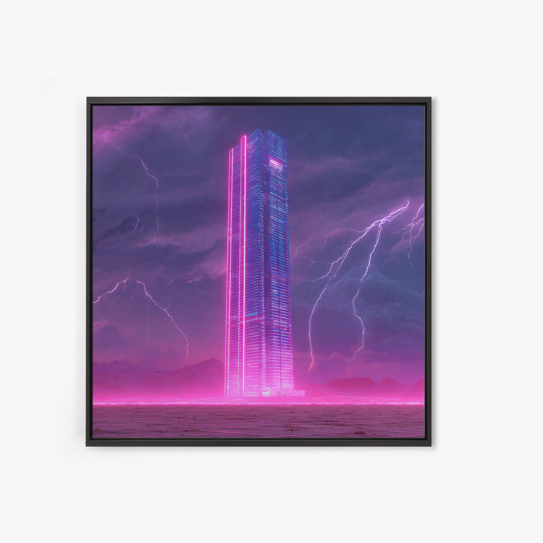 Neon Skyscraper In Storm Futuristic Wall Art, Cyberpunk Cityscape Painting, Sci Fi Modern Art Print, Gaming Room Canvas Print