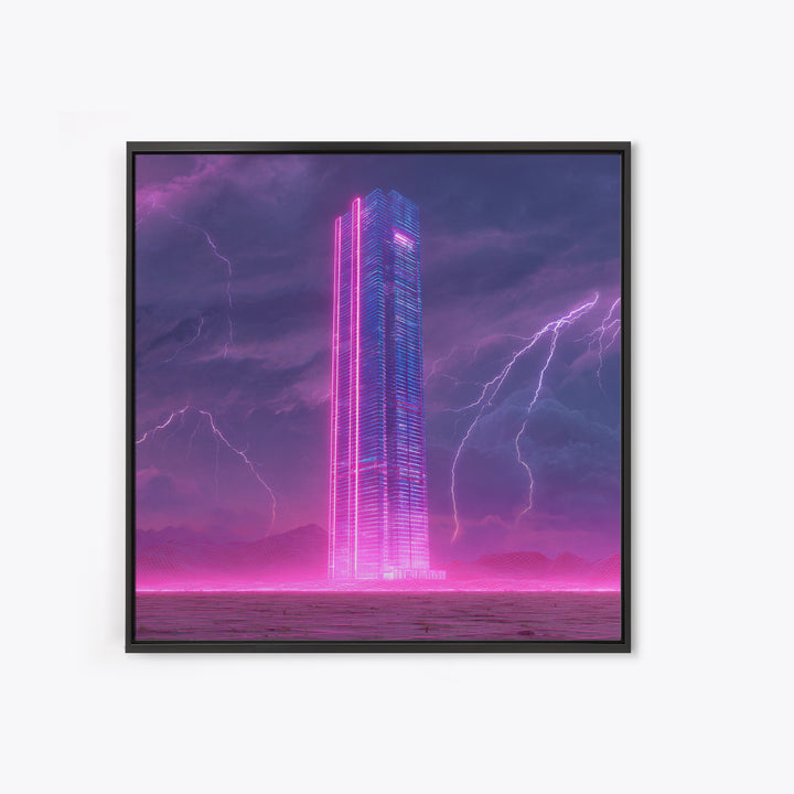 Neon Skyscraper In Storm Futuristic Wall Art, Cyberpunk Cityscape Painting, Sci Fi Modern Art Print, Gaming Room Canvas Print