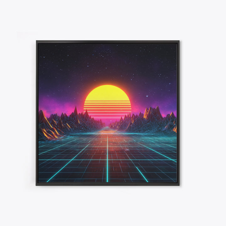 Retro Synthwave Sunset Landscape Canvas Print, Neon Cyberpunk Mountain Road Art, Gaming Room Decor Modern Wall Art
