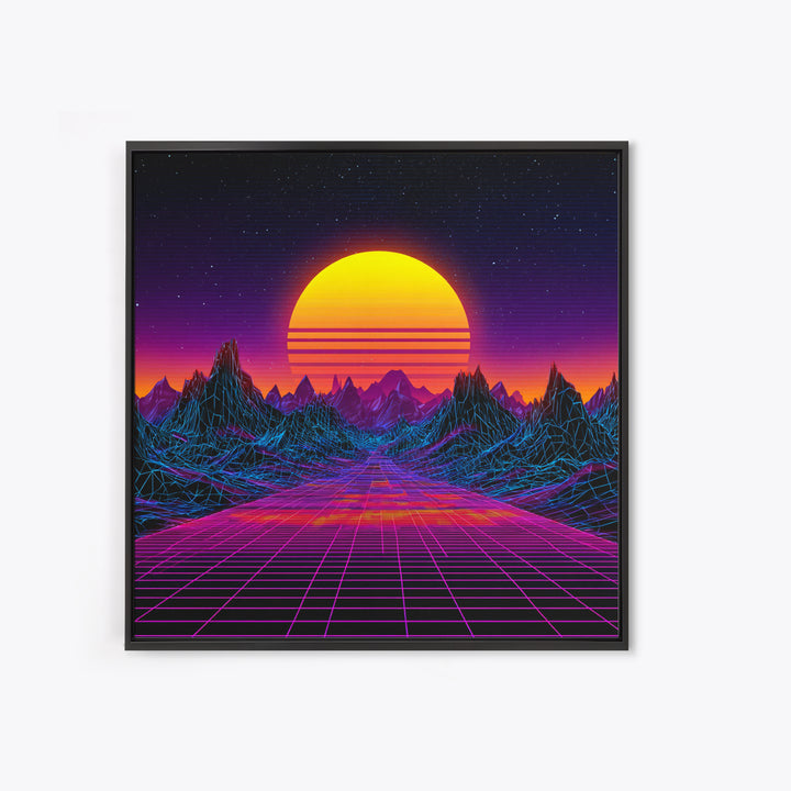 Retro Futuristic Neon Sunset Landscape Wall Art, Synthwave Mountains, 80s Vaporwave Canvas Print Home Decor