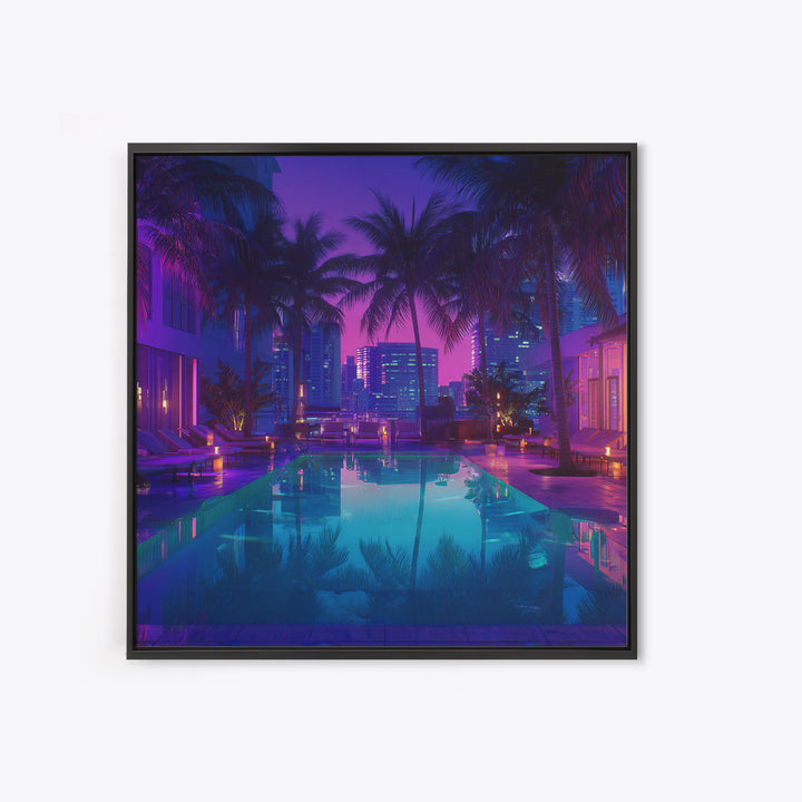 Neon City Rooftop Pool Nightscape Wall Art, Tropical Palm Skyline Print, Modern Urban Apartment Decor Wall Art