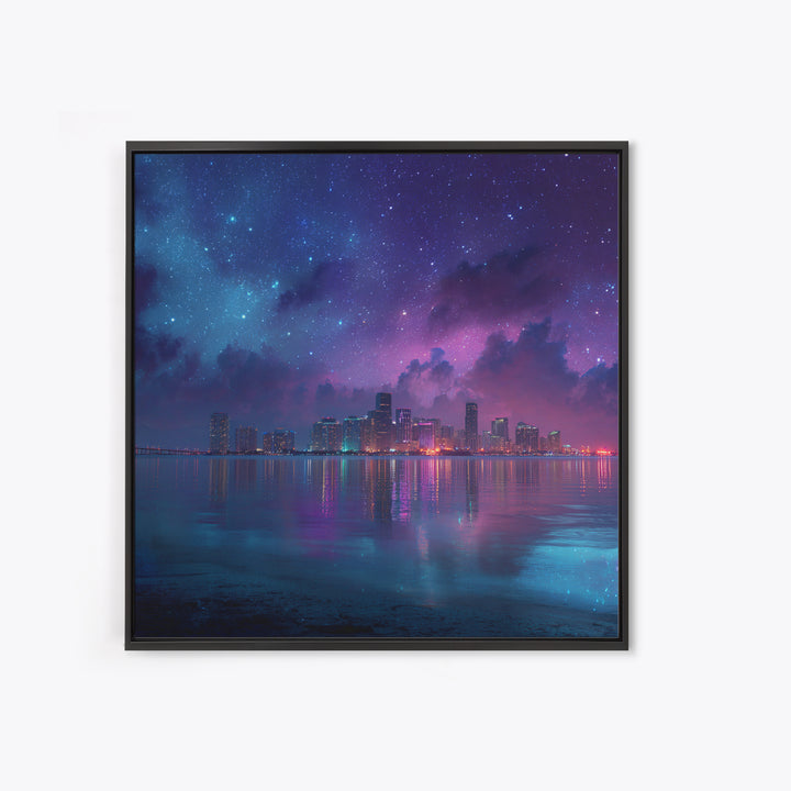 Neon City Skyline Under Starry Night Wall Art, Futuristic Coastal Canvas Print, Modern Apartment Decor