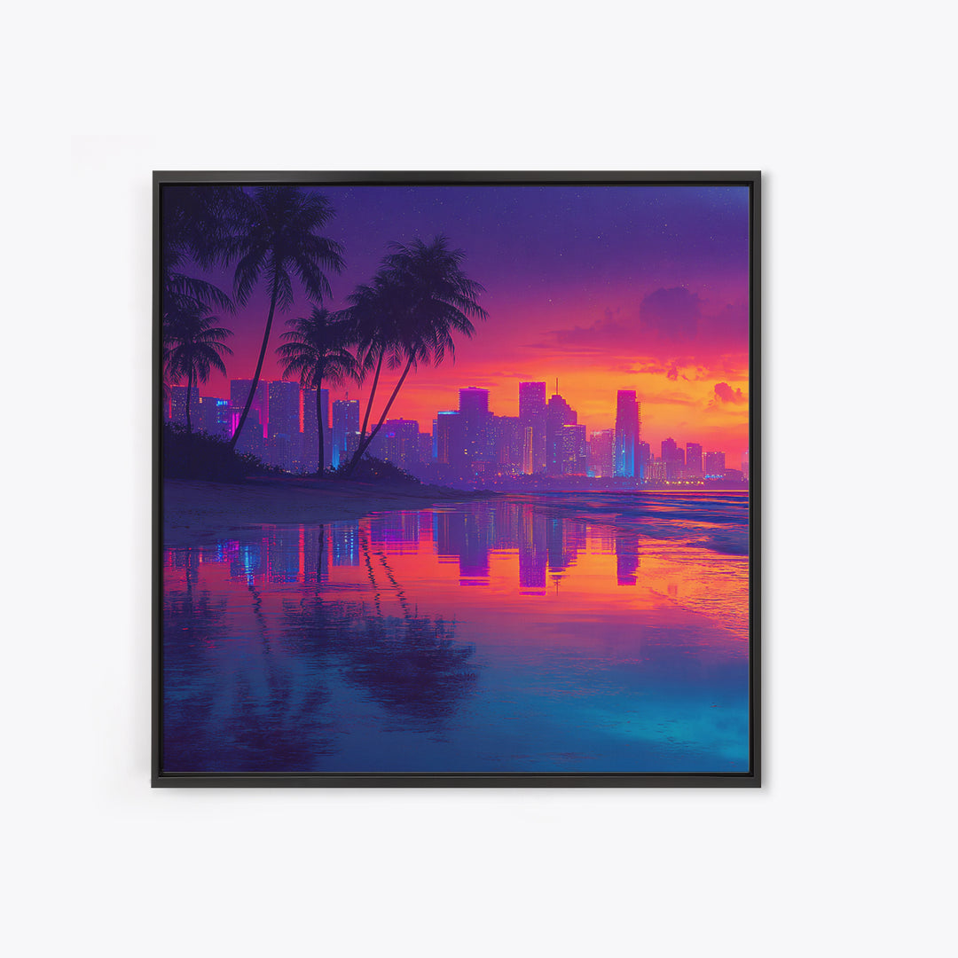Neon Tropical City Sunset Beach Wall Art, Vibrant Coastal Canvas Print For Modern Living Room Decor And Dorm Aesthetic