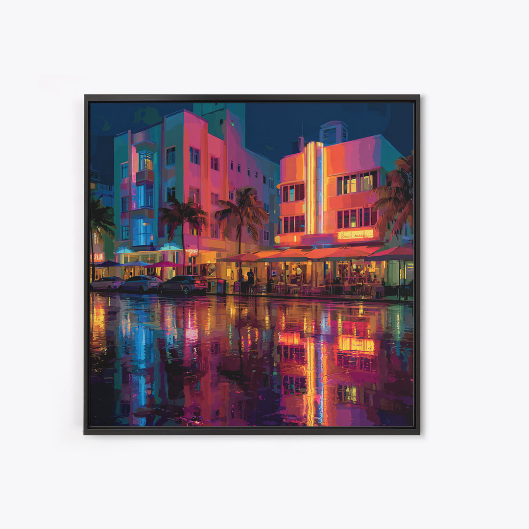 Modern Neon Cityscape At Sunset Urban Wall Art Framed Canvas Print For Contemporary Home Office Decor Gift