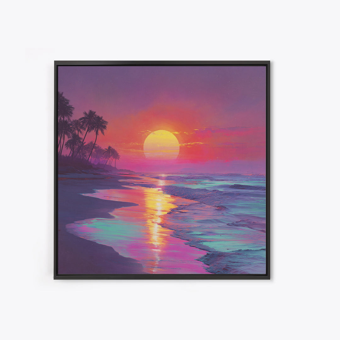 Neon Sunset Beach With Palm Trees Wall Art, Vibrant Coastal Ocean Art Print, Modern Home Decor Living Room Wall Art