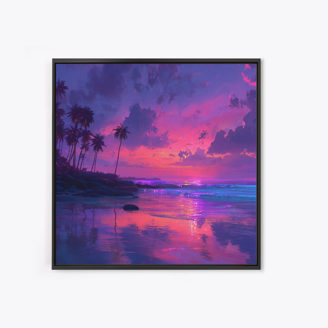 Vibrant Pink And Purple Tropical Seascape Wall Art, Palm Tree Sunset Ocean Landscape Canvas Print Decor