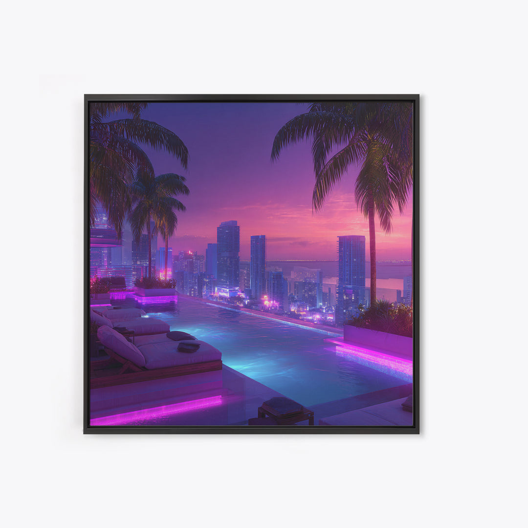 Neon City Rooftop Pool At Dusk Wall Art, Futuristic Skyline Canvas Print For Modern Apartment Decor And Gaming Room