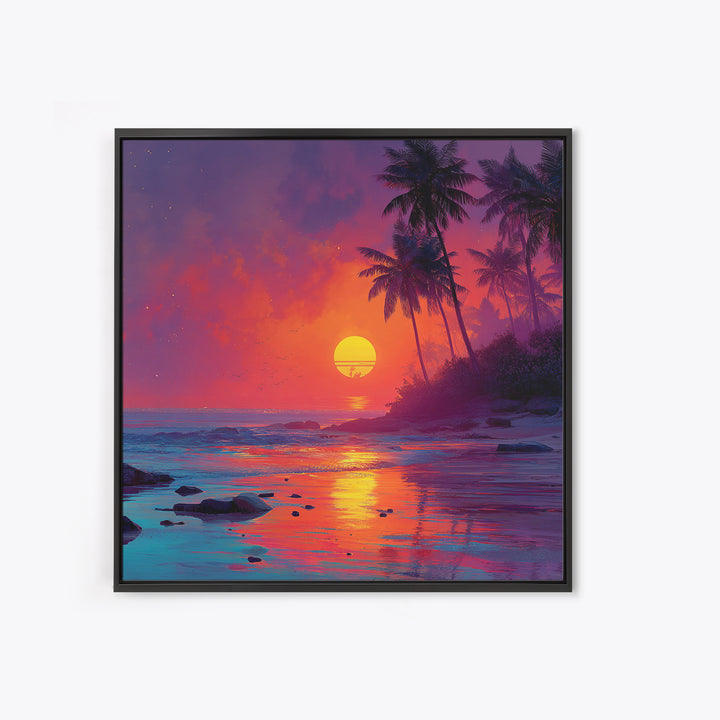 Vibrant Tropical Sunset Beach Wall Art, Colorful Palm Tree Ocean Canvas Print, Coastal Decor, Relaxing Summer Seascape