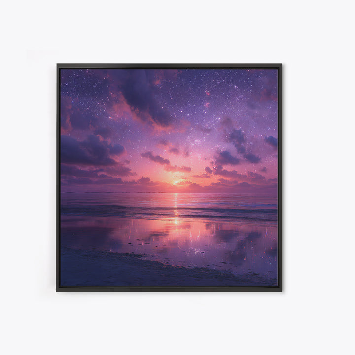 Dreamy Starlit Ocean Sunset Wall Art, Purple Night Sky Seascape Canvas Print, Calming Coastal Decor, Bedroom Artwork