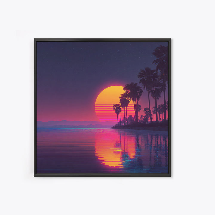 Neon Palm Tree Sunset Over Tropical Beach Wall Art, Retro Coastal Home Decor, Modern Landscape Art Print, Living Room Decor