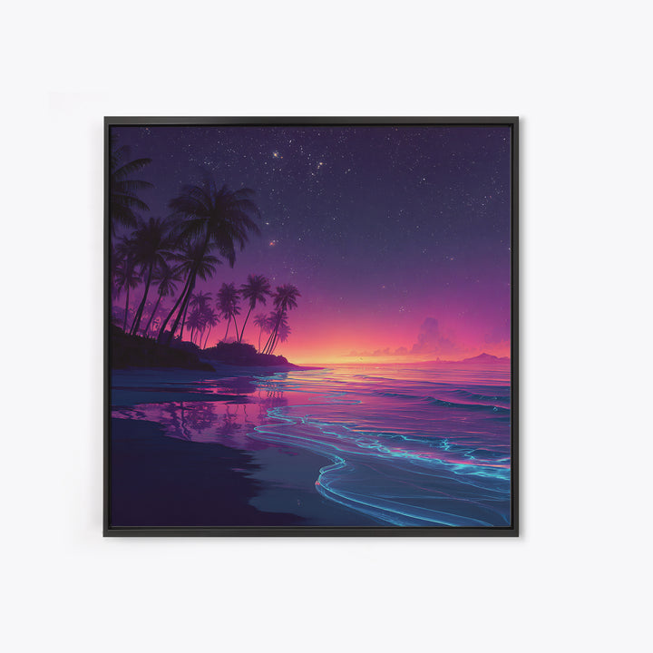 Neon Night Beach With Palm Trees Canvas Print, Dreamy Coastal Ocean Wall Art, Retro Tropical Bedroom And Living Room Decor