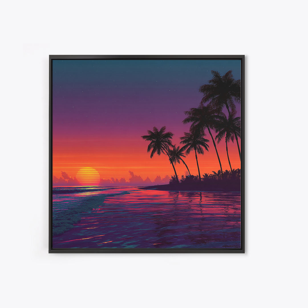 Neon Tropical Sunset Beach With Palm Trees Canvas Print, Coastal Wall Art, Colorful Ocean Art, Modern Home Decor Living Room