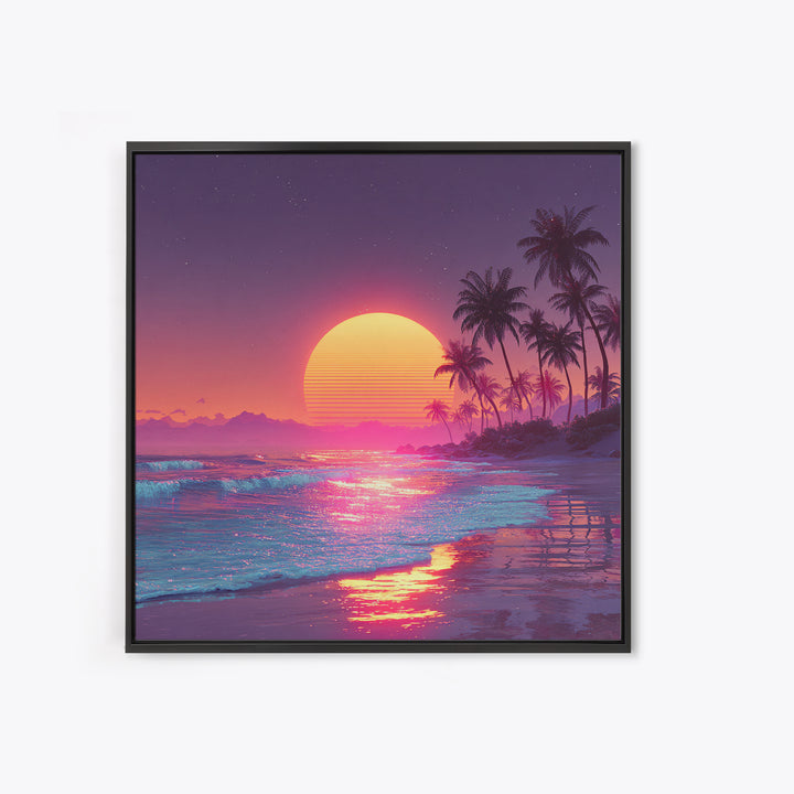 Pink Neon Beach Sunset Wall Art, Dreamy Vaporwave Ocean Canvas Print, Retro Coastal Landscape Art For Bedroom Or Living Room Decor