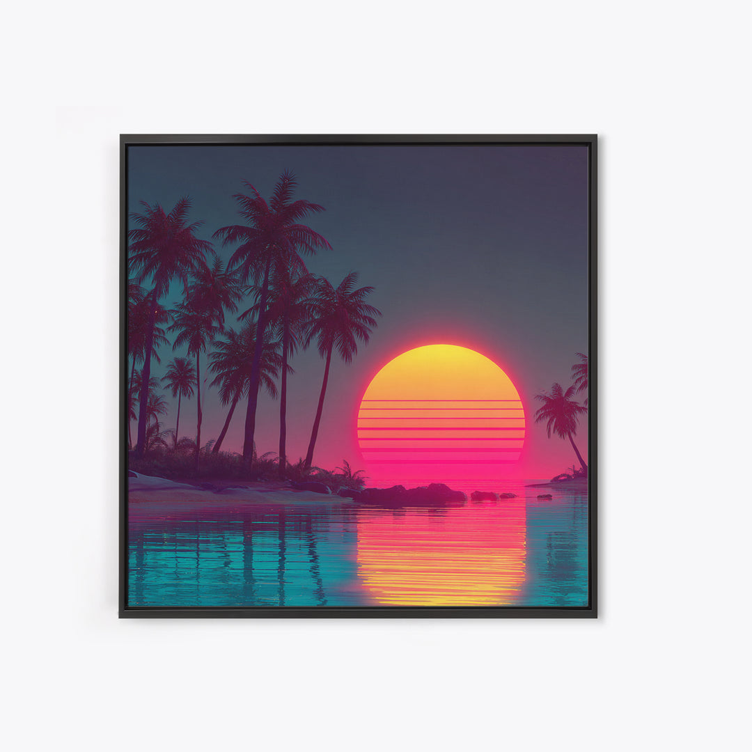 Neon Tropical Palm Trees And Retro Sunset Beach Wall Art, Vaporwave Coastal Canvas Print, Aesthetic Room Decor