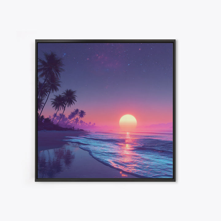 Tropical Neon Sunset Beach Wall Art, Palm Tree Coastal Landscape Print, Colorful Summer Home Decor Canvas Print