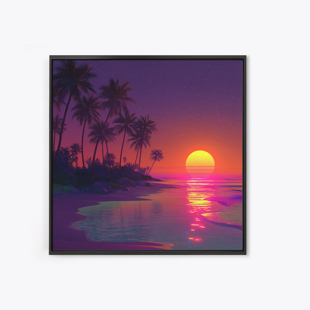 Neon Tropical Sunset Beach Wall Art, Retro Coastal Canvas Print, Summer Ocean Decor, Vibrant Modern Coastal Wall Art
