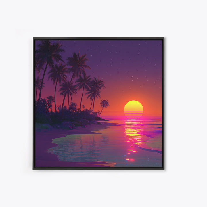 Neon Tropical Sunset Beach Wall Art, Retro Coastal Canvas Print, Summer Ocean Decor, Vibrant Modern Coastal Wall Art